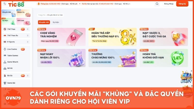 Các gói khuyến mãi "khủng" và đặc quyền dành riêng cho hội viên VIP tại nhà cái mới Tic88 mang lại lợi thế lớn cho người đặt cược