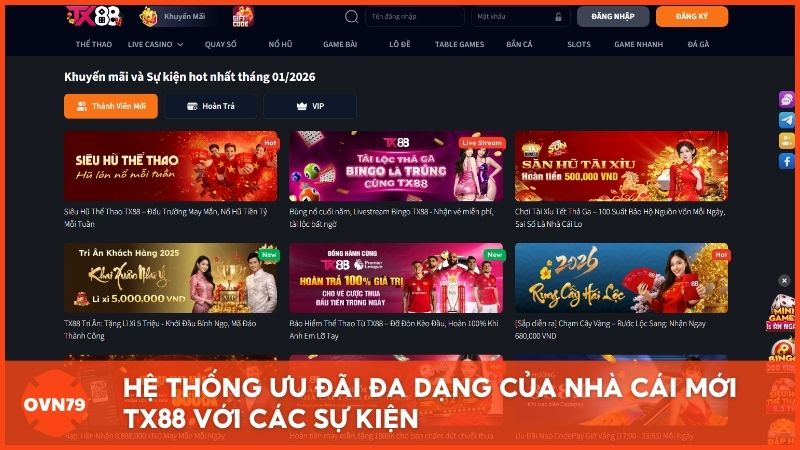 Hệ thống ưu đãi đa dạng của nhà cái mới Tx88 với các sự kiện tặng lì xì, bảo hiểm nguồn vốn và thưởng nạp đầu lên đến 20.000.000 VND.